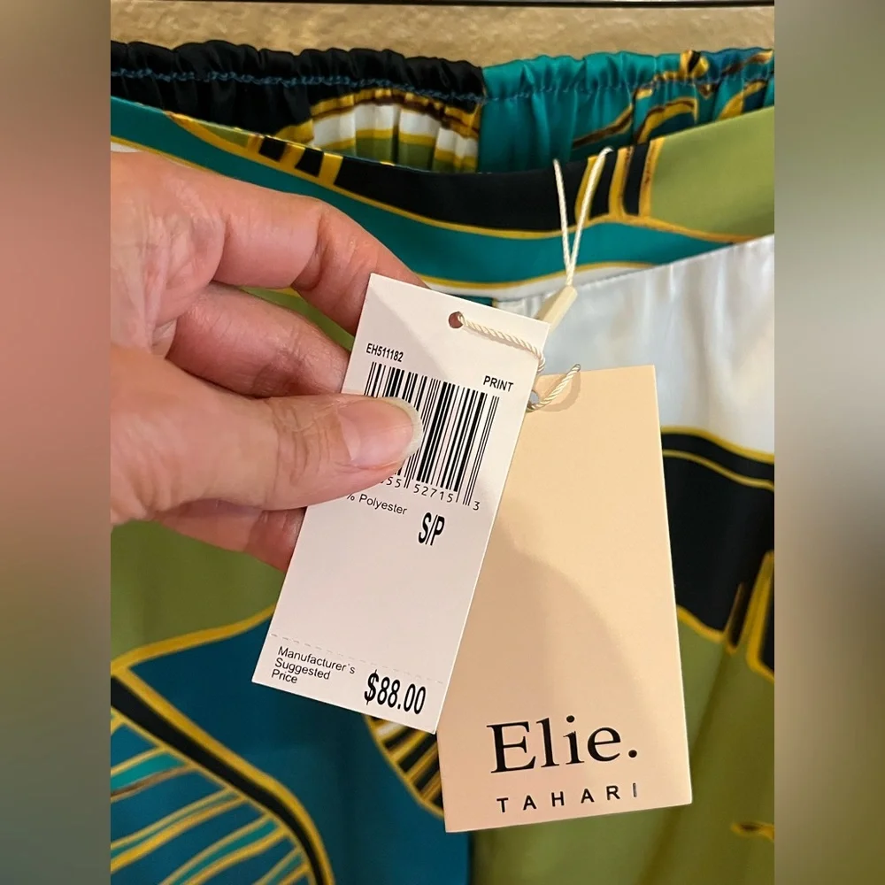Elie Tahari wide leg palazzo pants. Tropical print Stretchy waist. Green. S. NWT - Picture 13 of 16